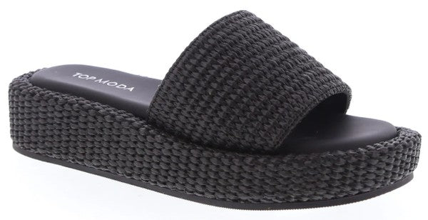 Coastal Weave Raffia Flatform Sandals in Black
