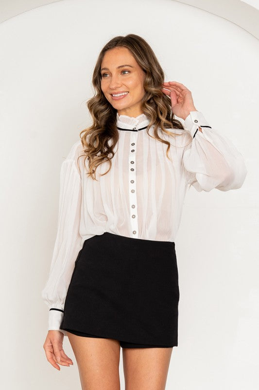 Ruffle Neck Cuff Sleeve Top With Button Front