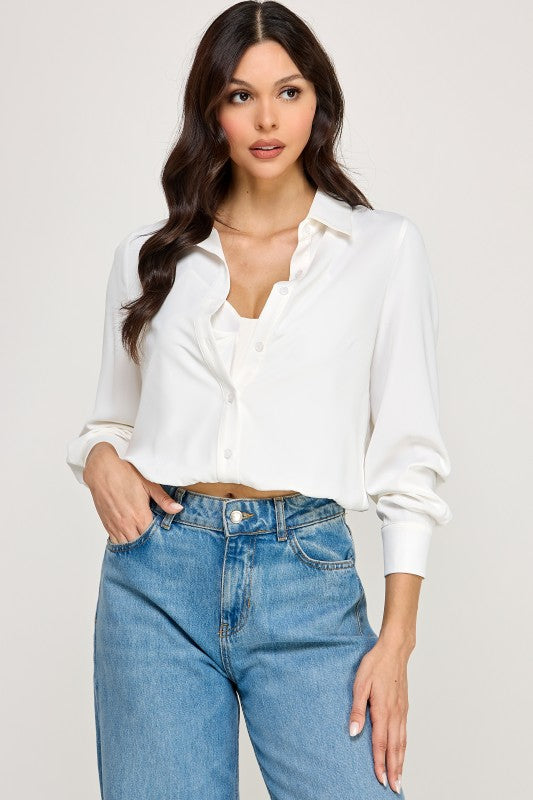 Solid Collared Long Sleeve Crop Top with Inside Tank