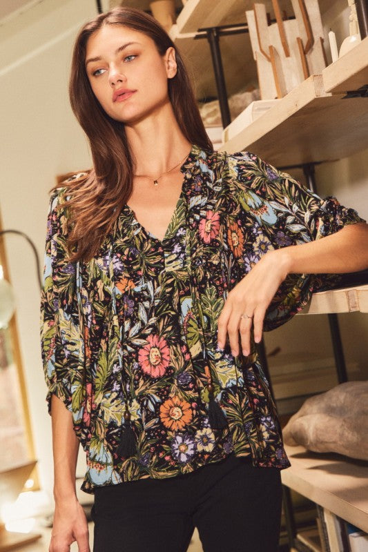 3/4 Sleeve Bohemian Floral Peasant Top