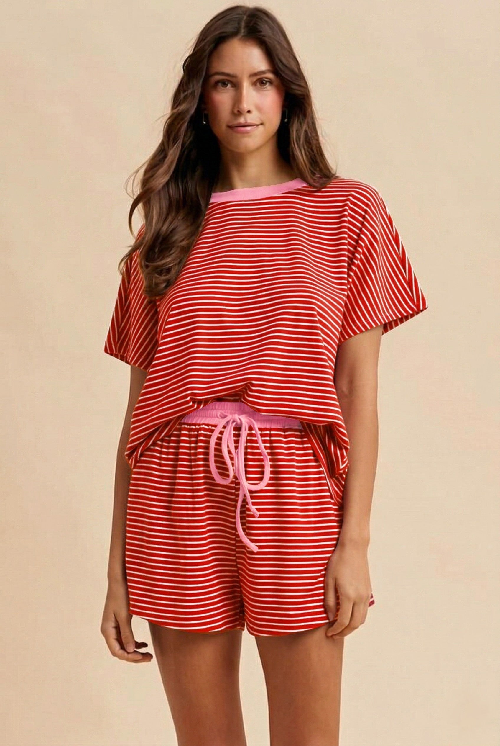 Loose Fit Striped Knit Top & Mini Shorts Set