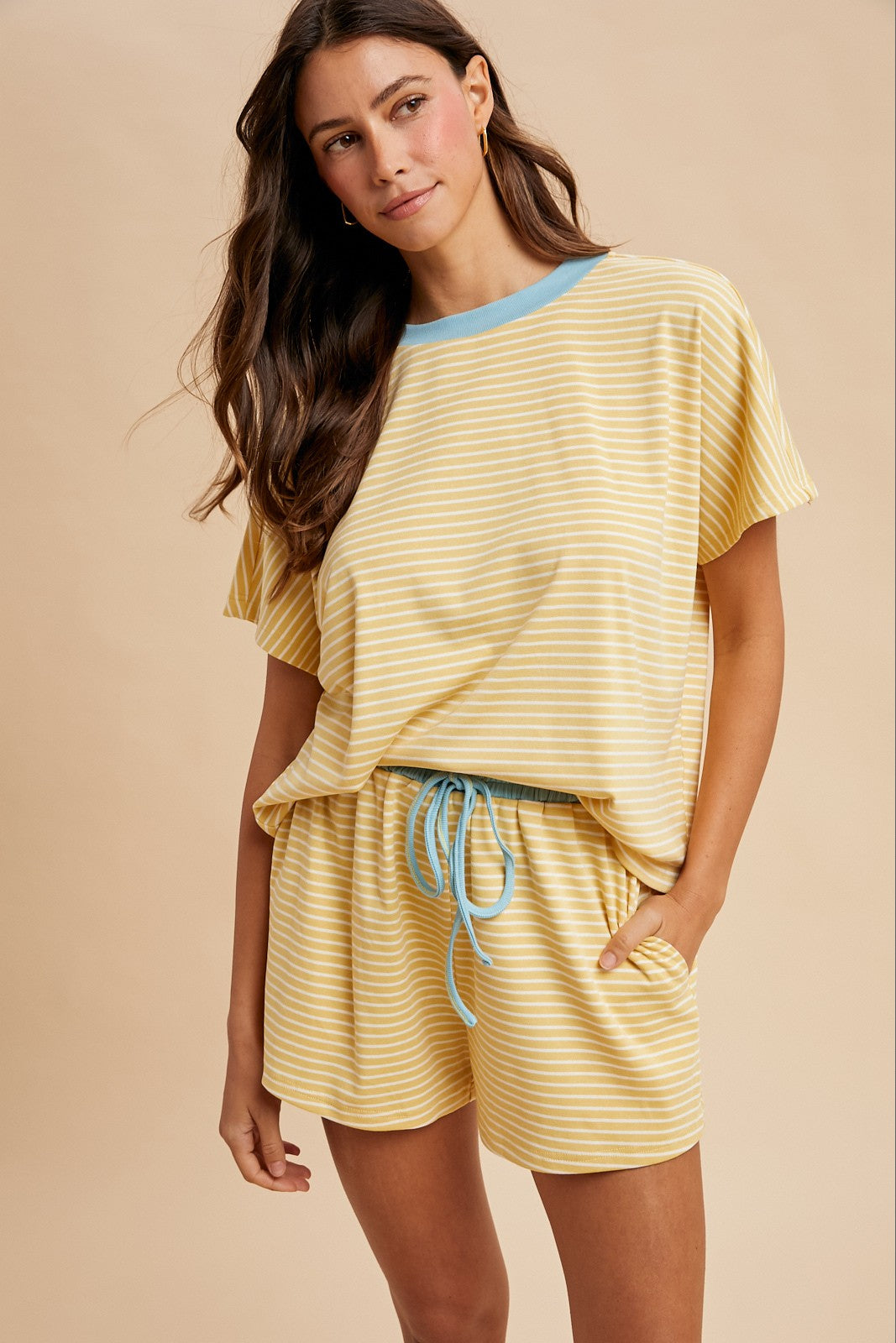 Loose Fit Striped Knit Top & Mini Shorts Set