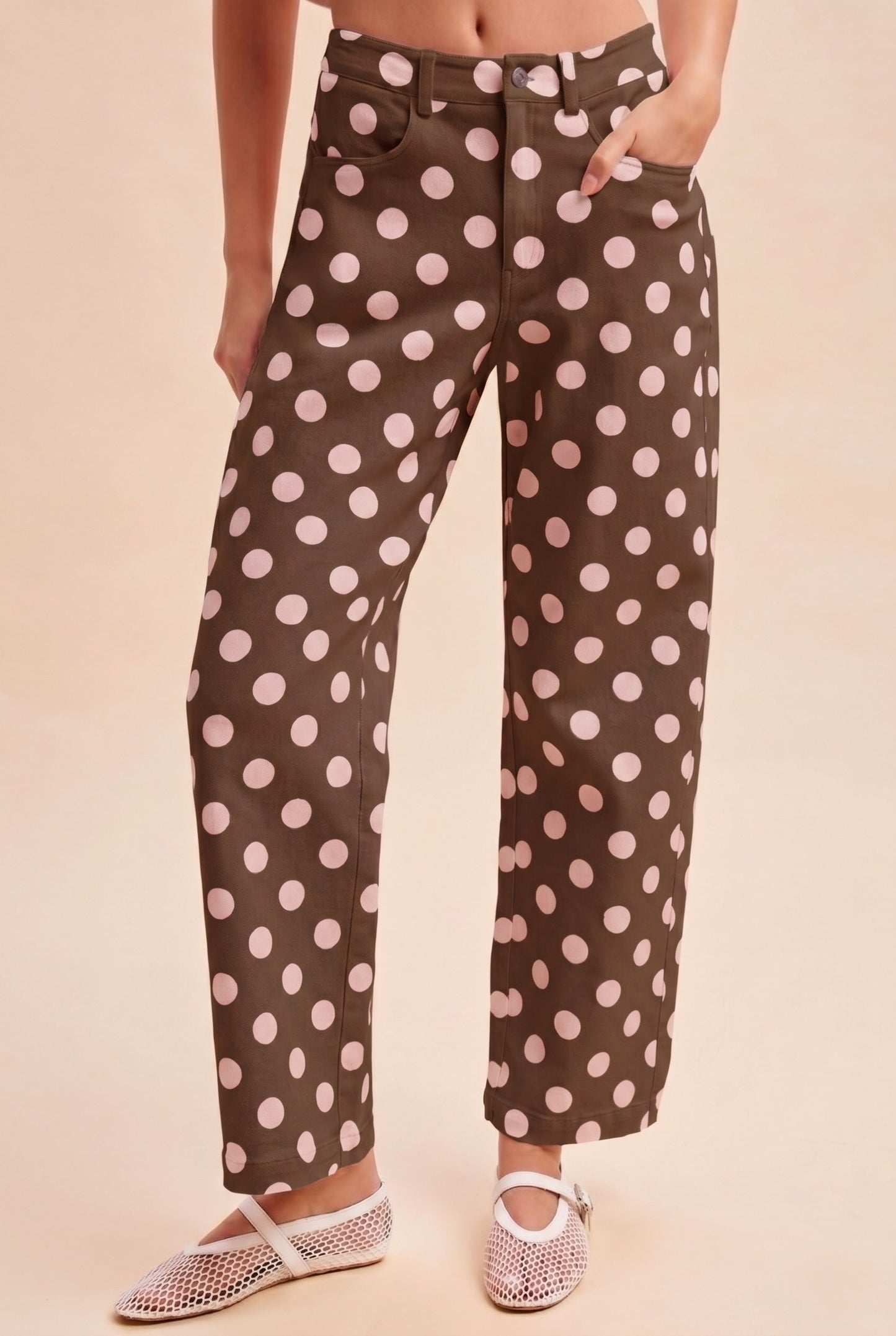 Polka Dot Print Cotton Twill Wide Straight Leg Pants