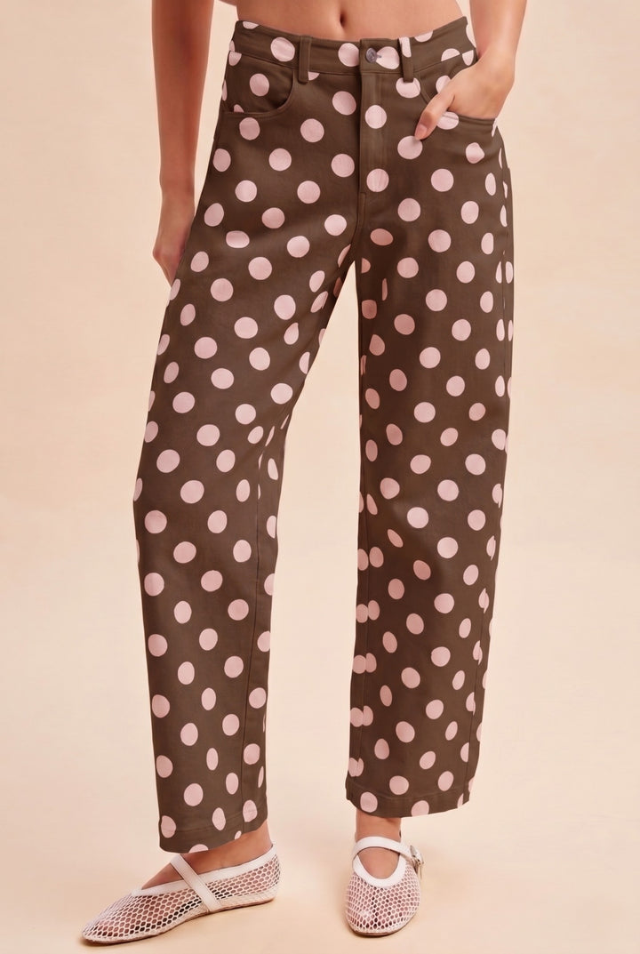 Polka Dot Print Cotton Twill Wide Straight Leg Pants