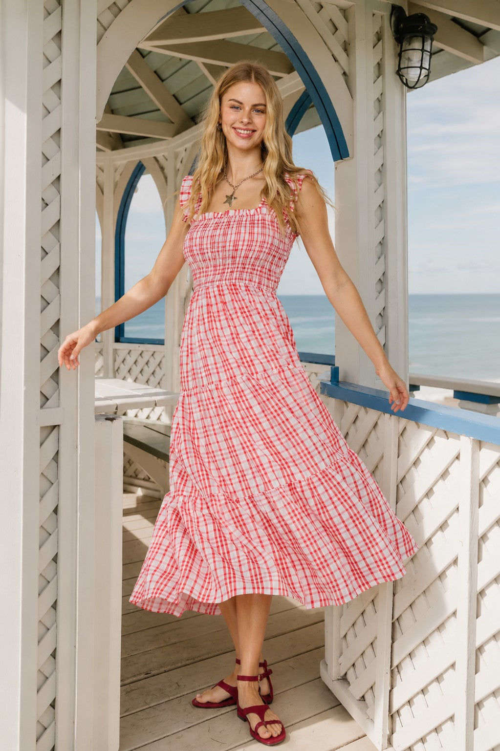 Plaid Smocked Ruffle Strap Tiered Midi Dress