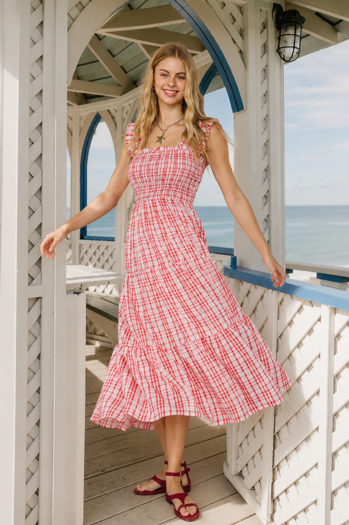 Plaid Smocked Ruffle Strap Tiered Midi Dress