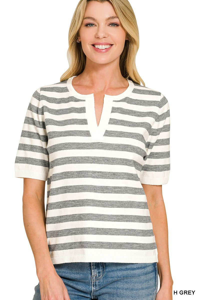 Split Neck Striped Short Sleeve Sweater Top