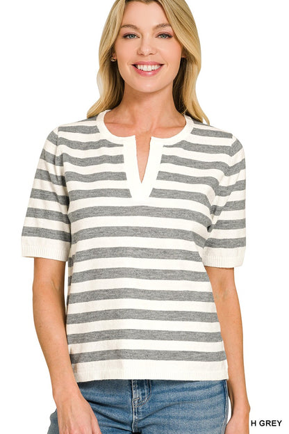 Split Neck Striped Short Sleeve Sweater Top