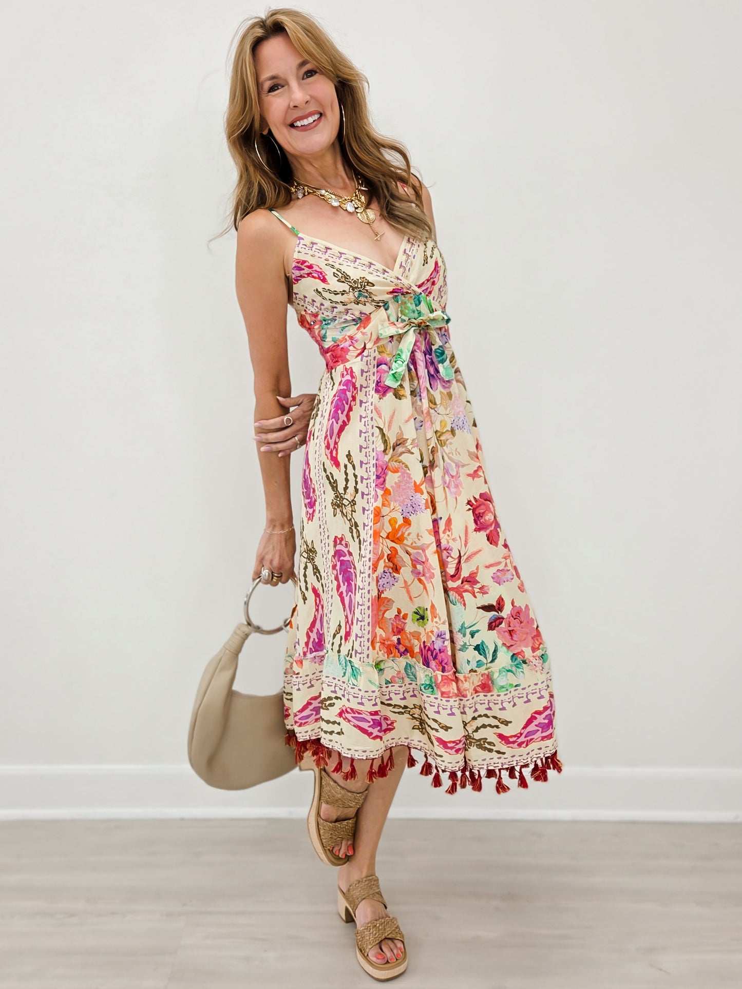 Deep V-Neck Sleeveless Dress With Embroidery Accents
