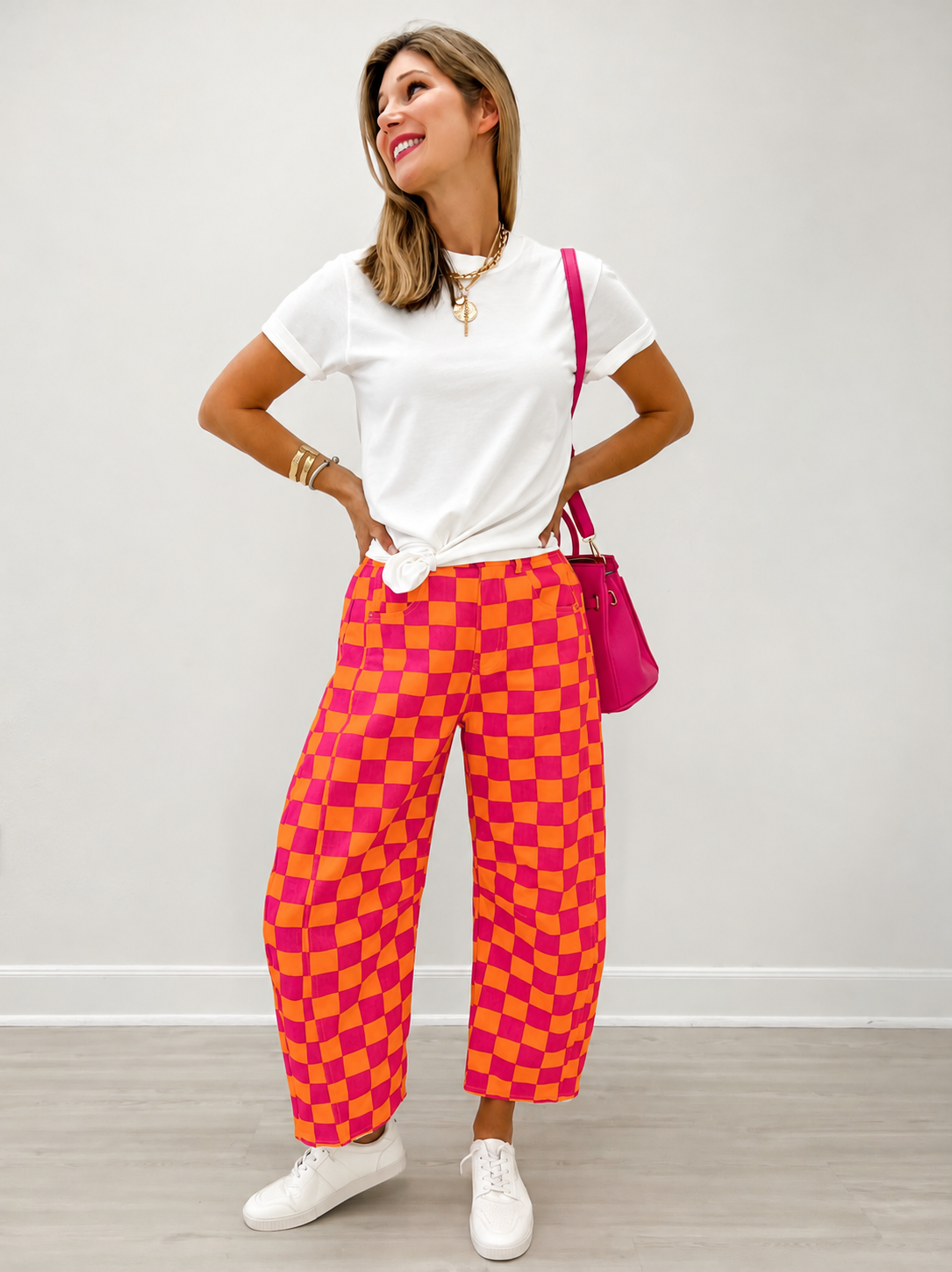 Finish Line Pink and Orange Checkered Barrel Pants