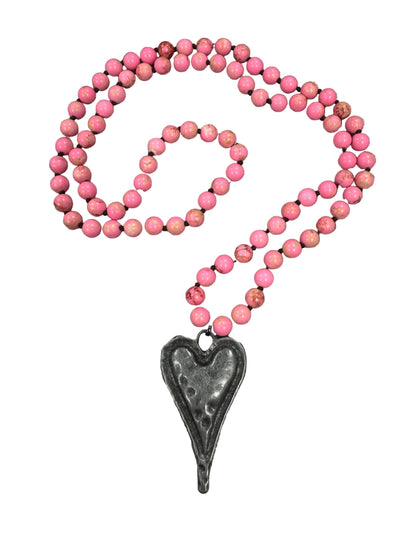 Stone Beaded Hammered Heart Pendant Necklace - GRP B