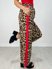 Elastic Waist Leopard Pants with Contrast Color Stripe Sides