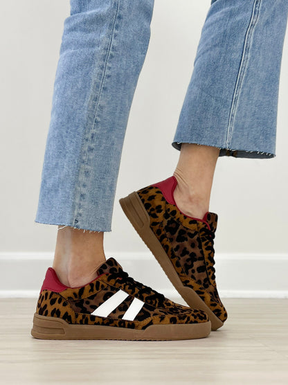 Double Stripe Design Court Sneakers in Camel Leopard & Red