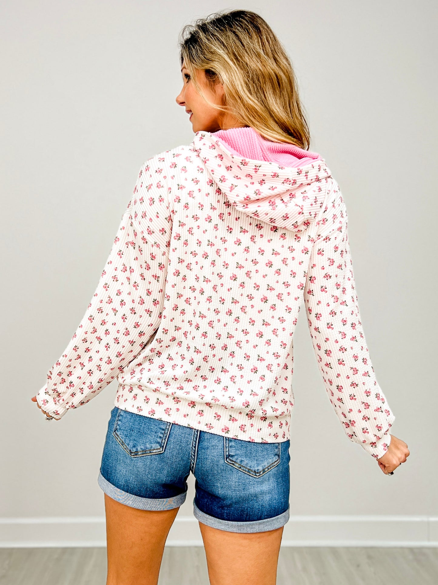 Long Sleeve Floral Print Ribbed Hoodie Top