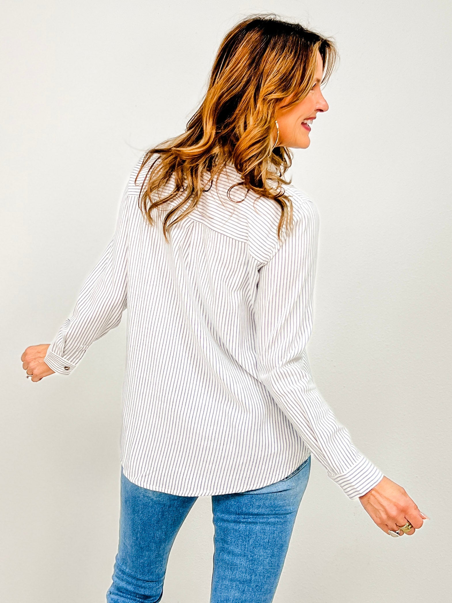 Pinstripe Cotton Long Sleeve Button Up Shirt