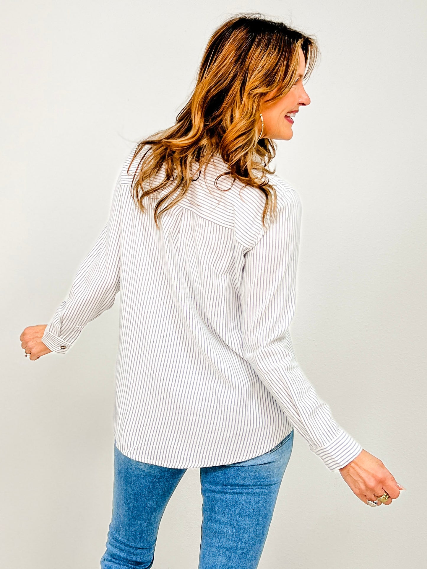 Pinstripe Cotton Long Sleeve Button Up Shirt