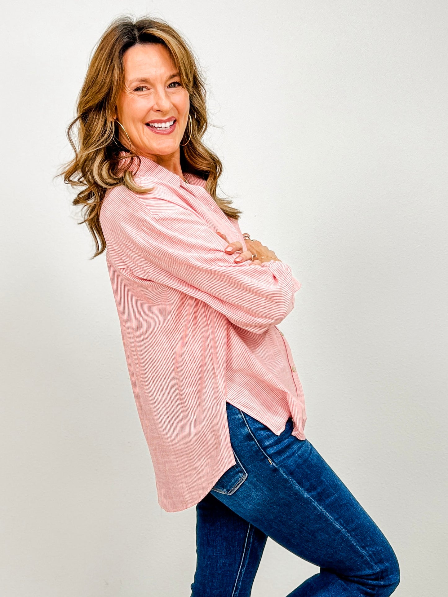 Long Sleeve Collared Pinstripe Button Down Top