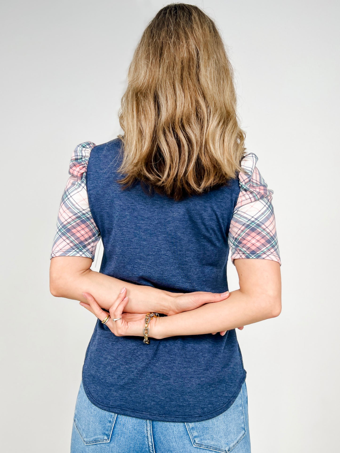 Plaid Short Sleeve Top with Solid Contrast