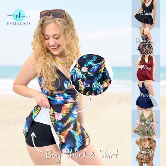 "Get in the Water!" One Piece Swimsuit with Boy Short & Skirt by Emma Lou's