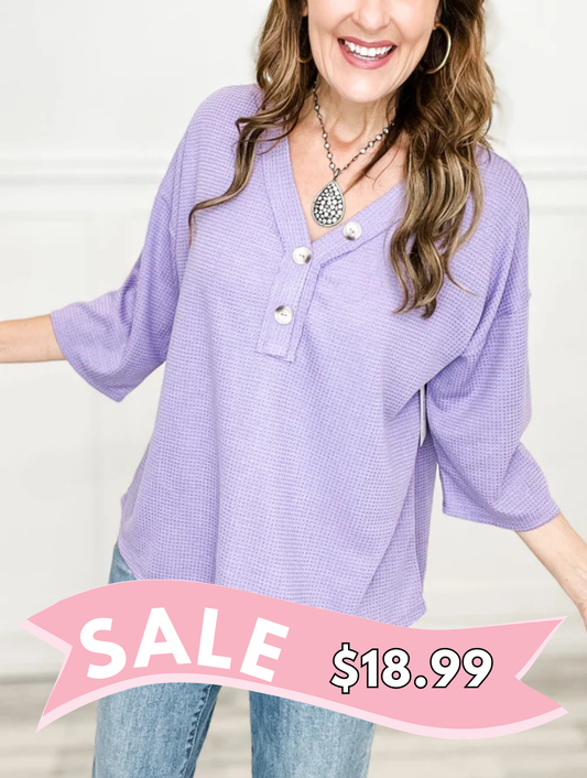 Thermal V-Neck Button Neckline Top with 3/4" Length Sleeves - Group A