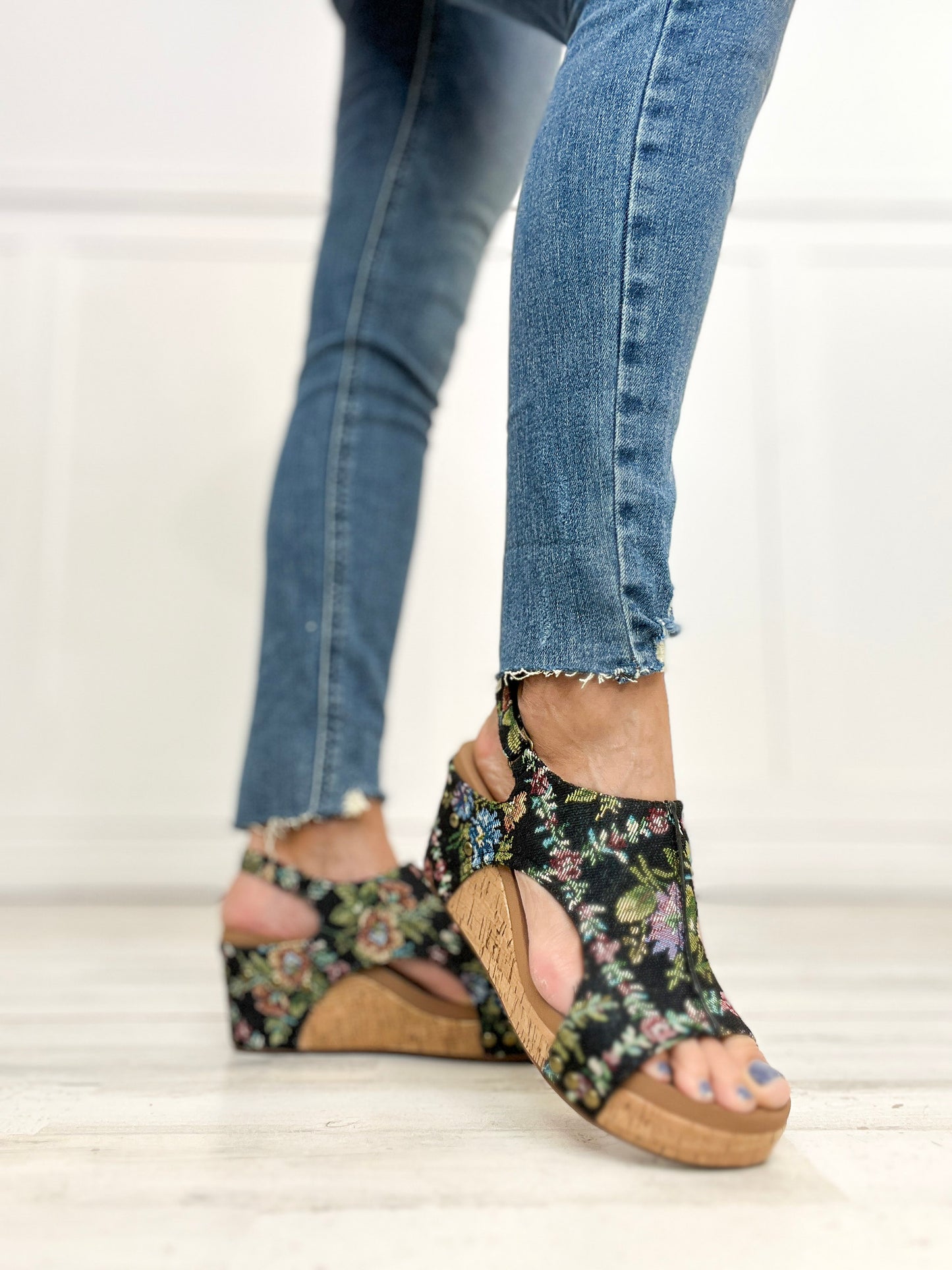 Corkys Carley BLACK BROCADE FLORAL Wedges