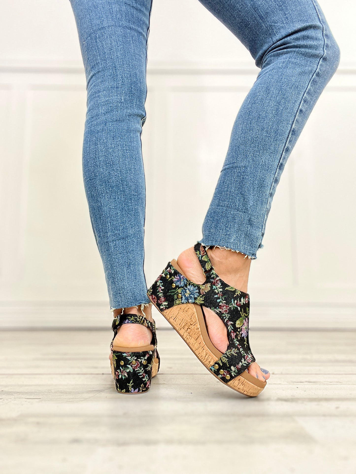 Corkys Carley BLACK BROCADE FLORAL Wedges