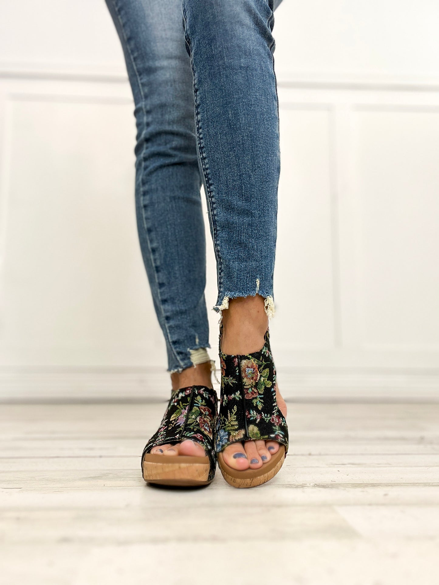 Corkys Carley BLACK BROCADE FLORAL Wedges