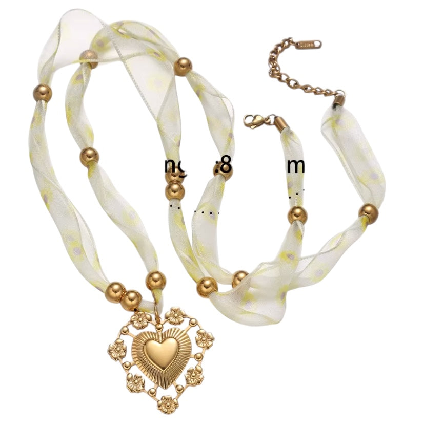 Silk Necklace Light Yellow with Heart Charm