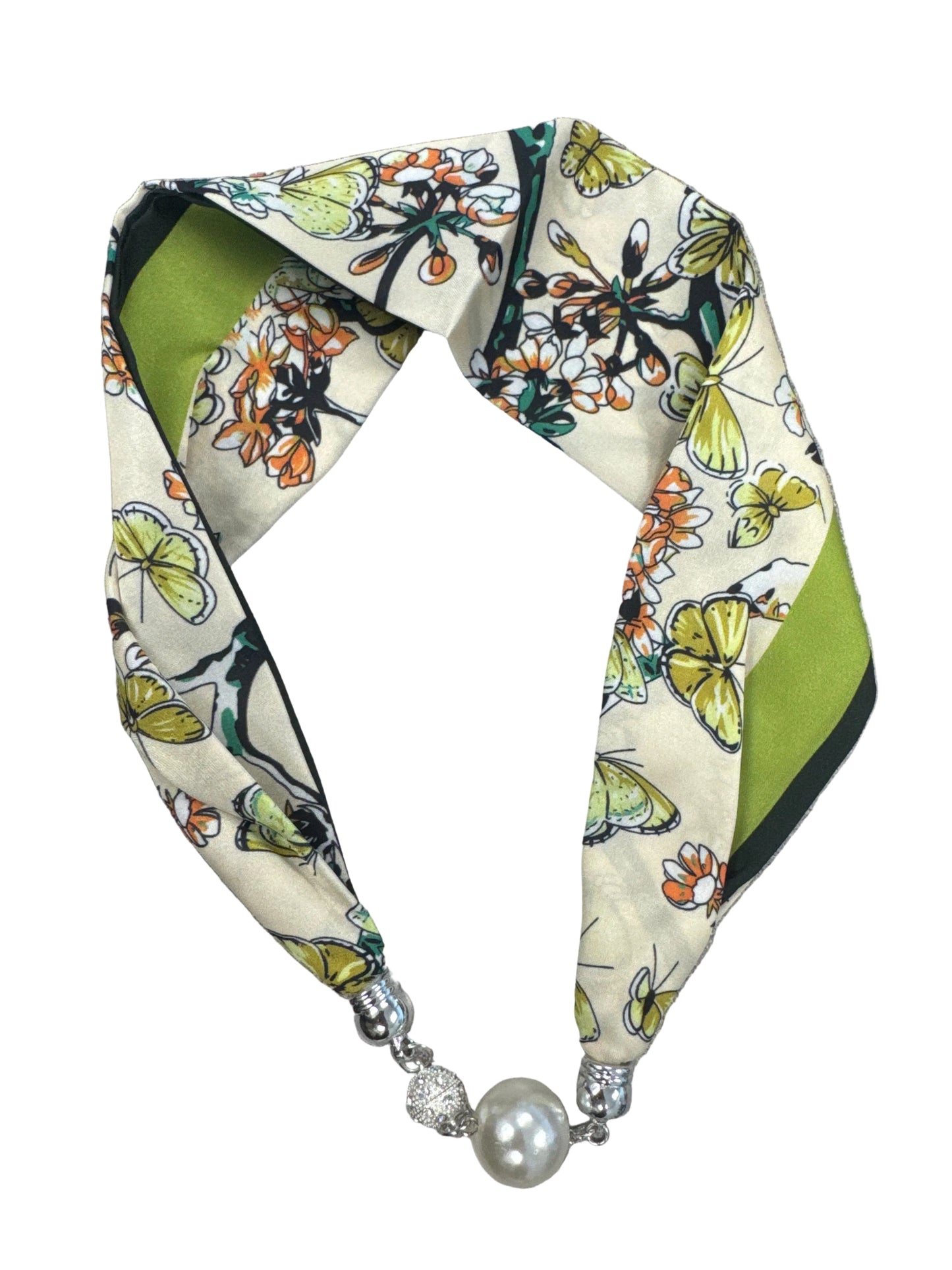 Silk Scarf Magnetic Closure Necklace - Floral Butterfly