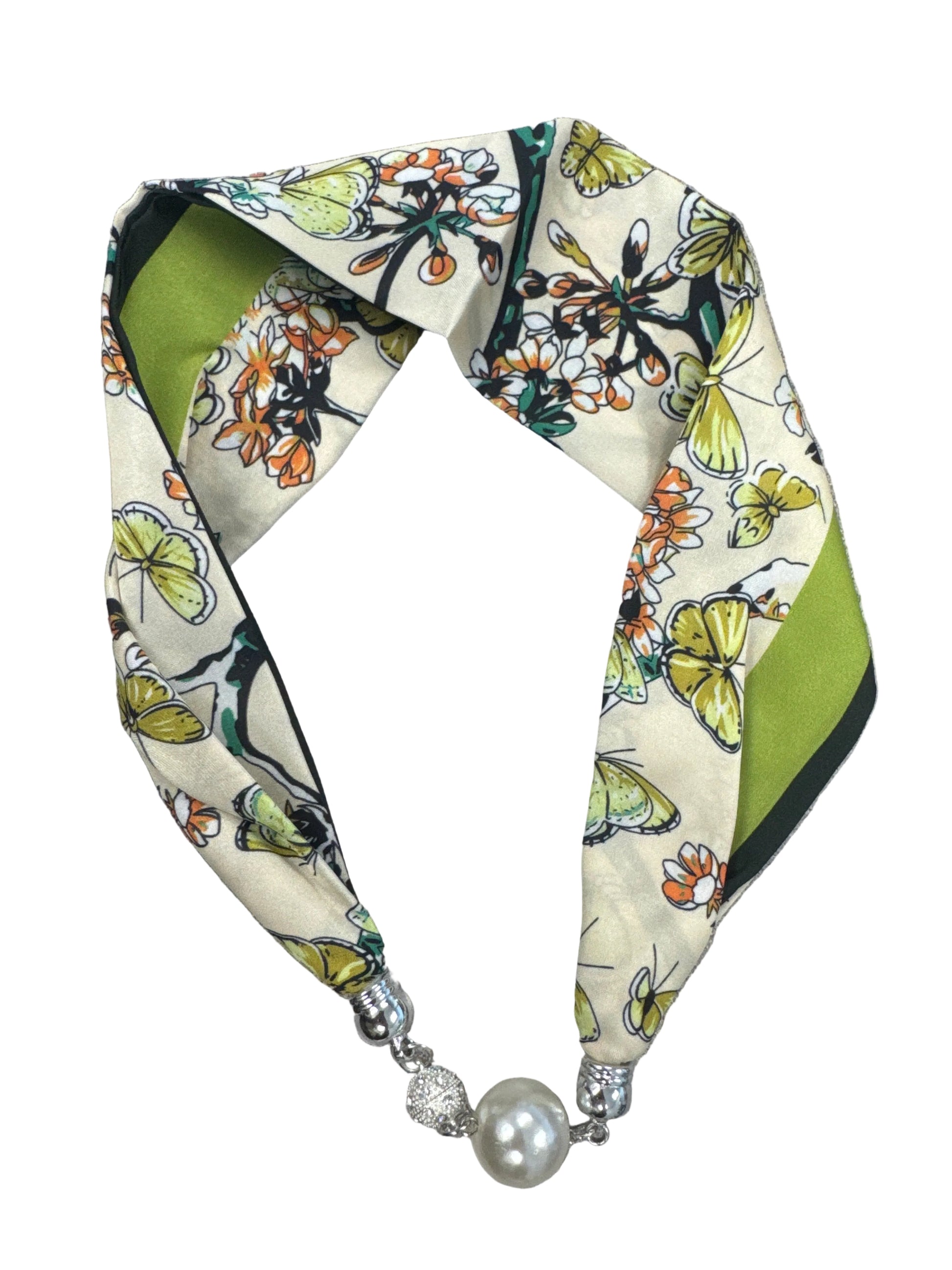 Silk Scarf Magnetic Closure Necklace - Floral Butterfly