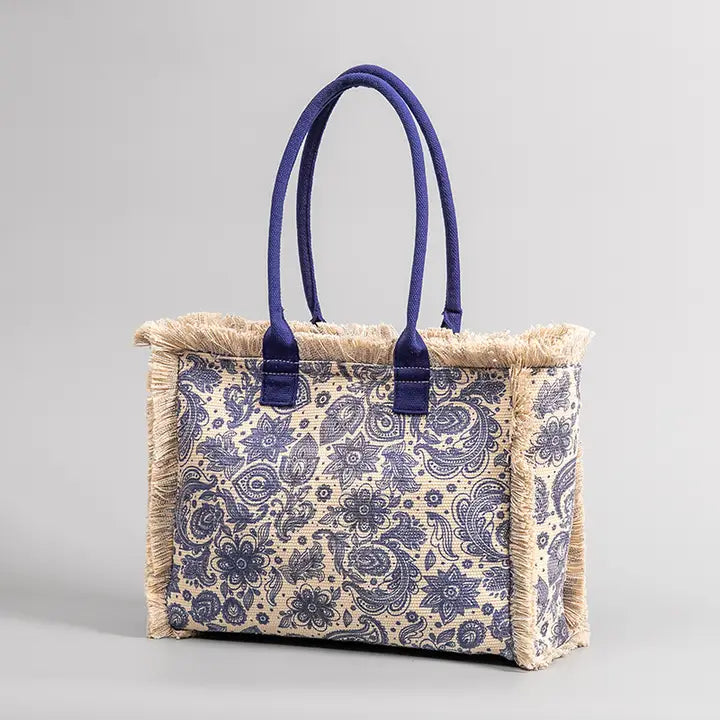 Vintage Floral Paisley Pattern Raw Edge Fringe Handbag
