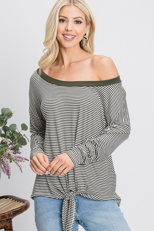 Long Sleeve Pin Stripe Front Tie Top