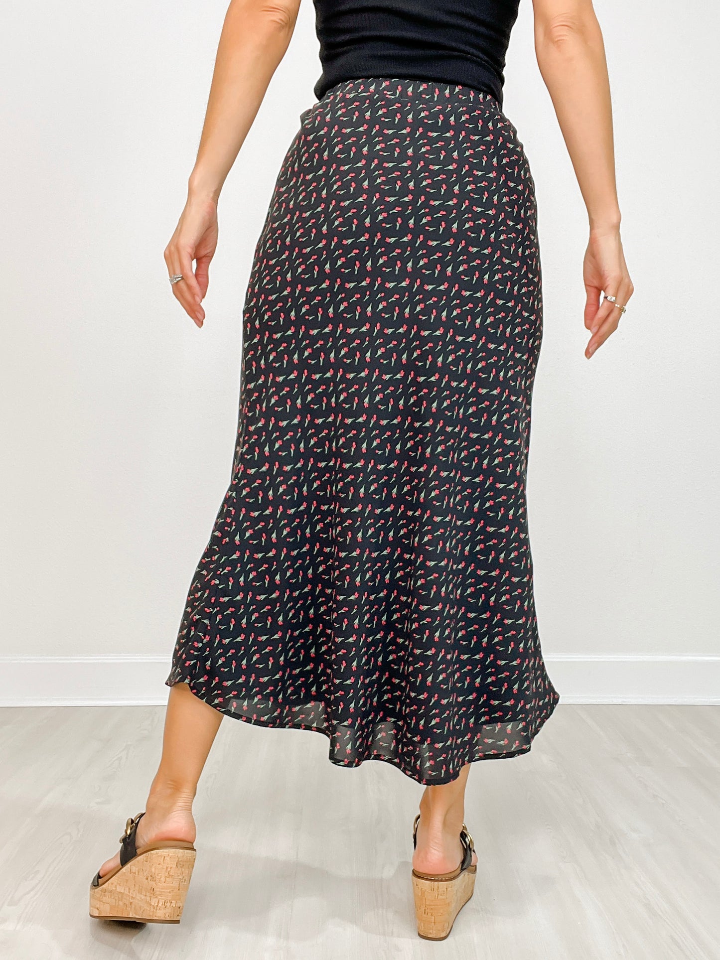 Floral Satin Elastic Waist Midi Skirt