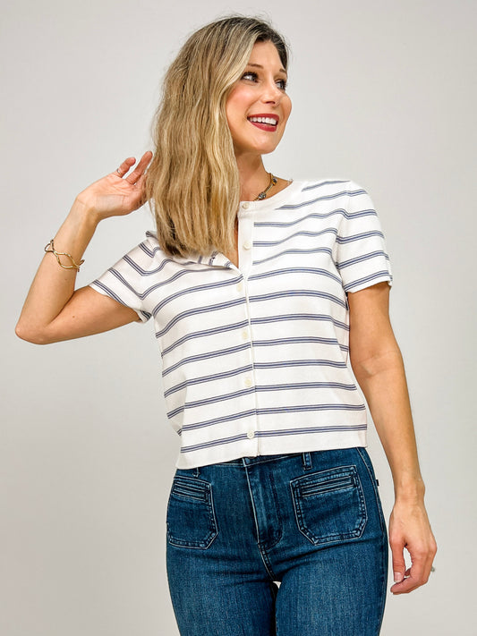 Striped Short Sleeve Button Front Cardigan