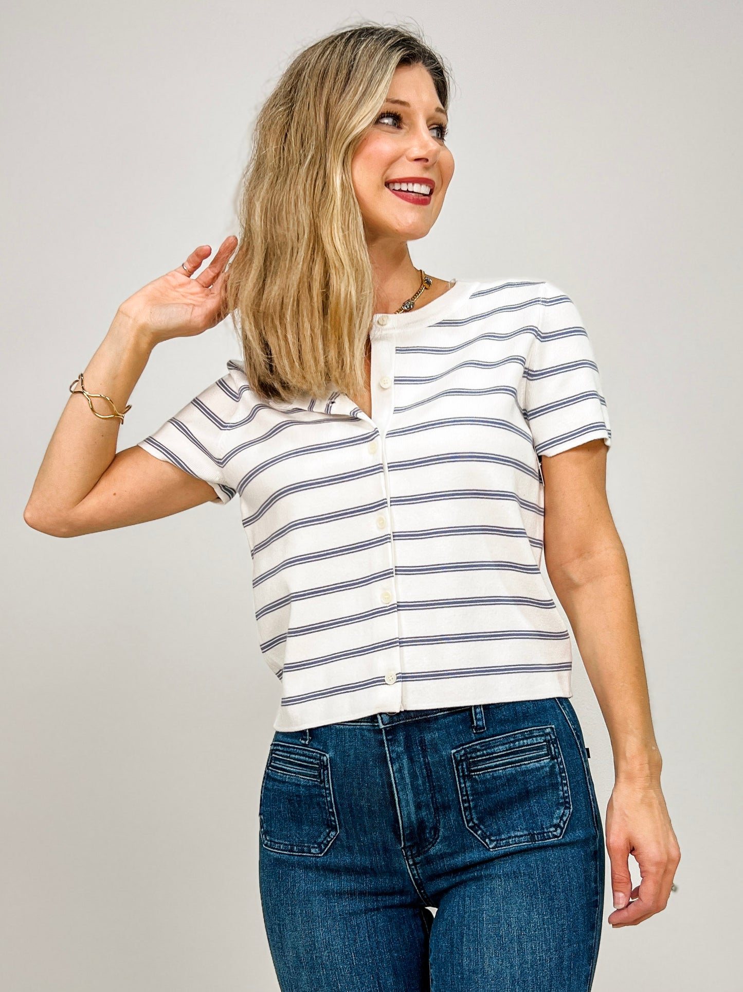Striped Short Sleeve Button Front Cardigan