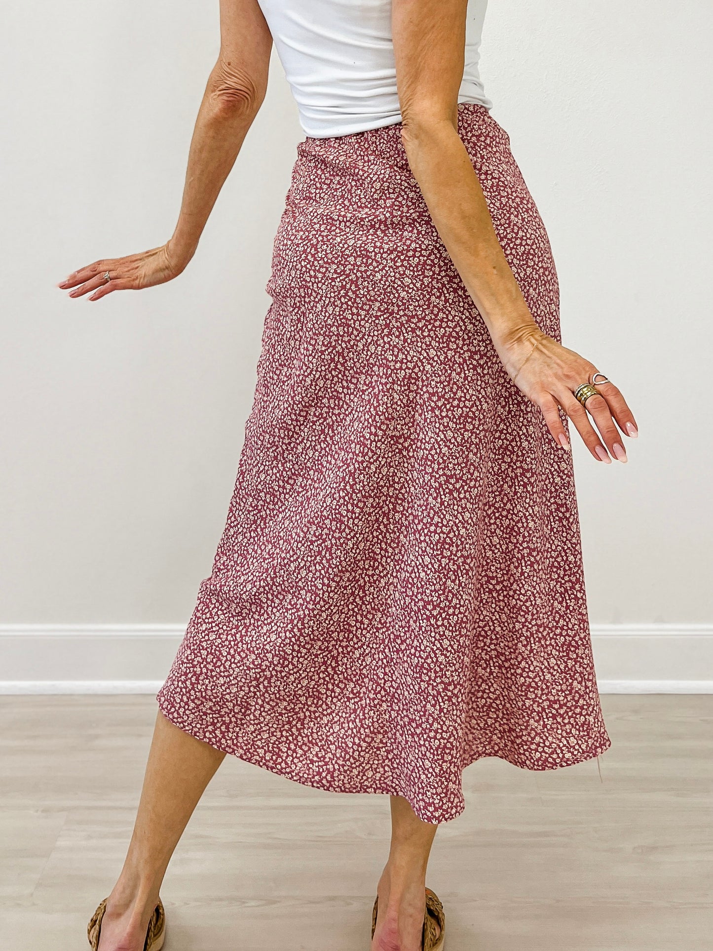 Floral Print Midi Elastic Waistband Skirt
