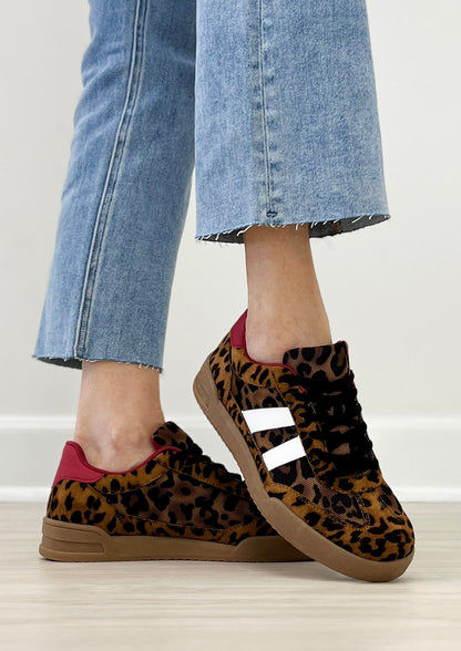 Double Stripe Design Court Sneakers in Camel Leopard & Red