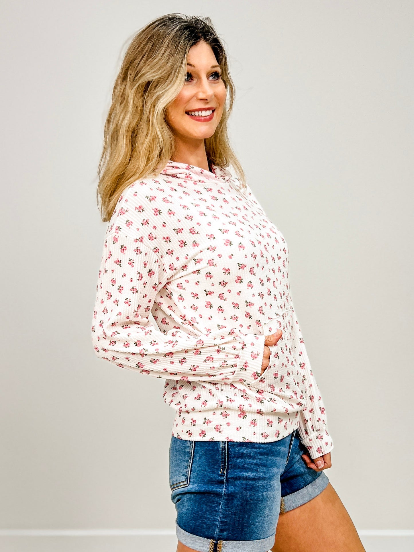 Long Sleeve Floral Print Ribbed Hoodie Top