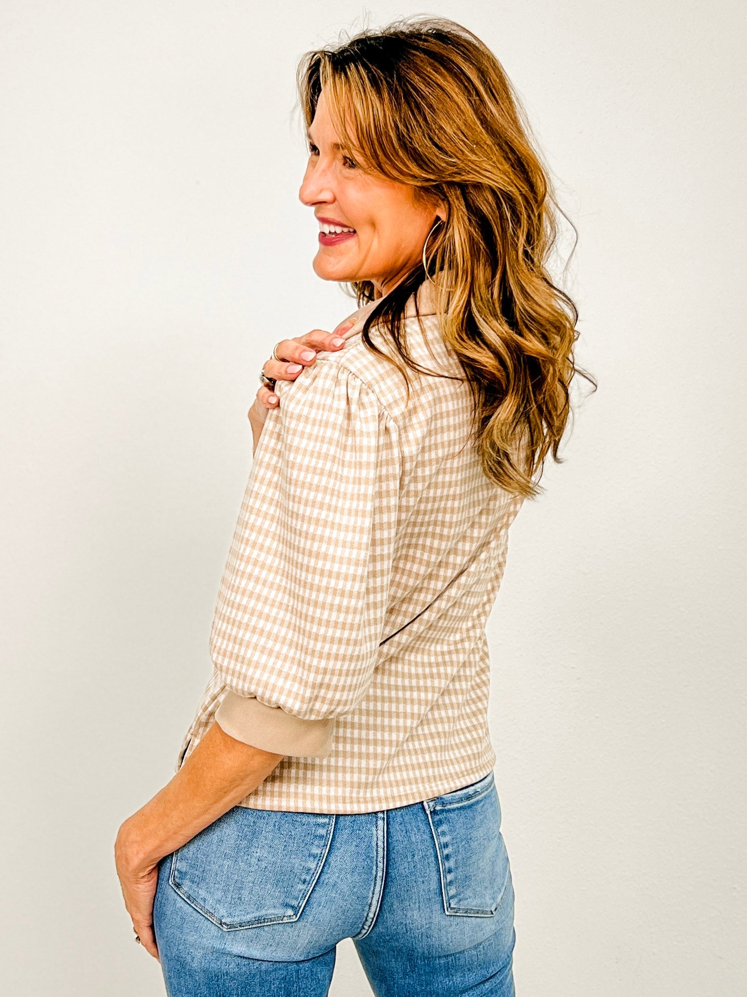 Gingham Top with Solid Accent Collar