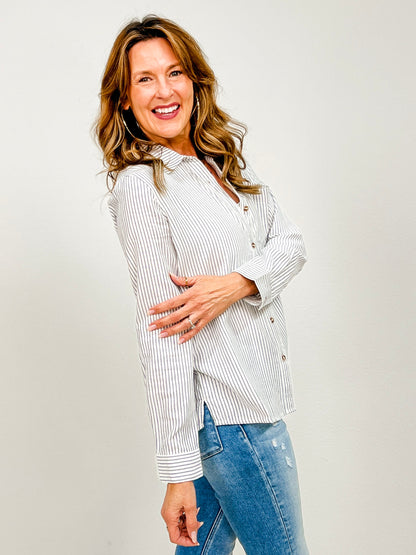 Pinstripe Cotton Long Sleeve Button Up Shirt