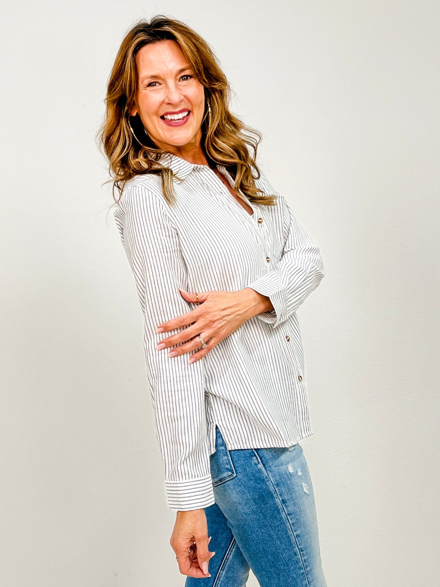 Pinstripe Cotton Long Sleeve Button Up Shirt