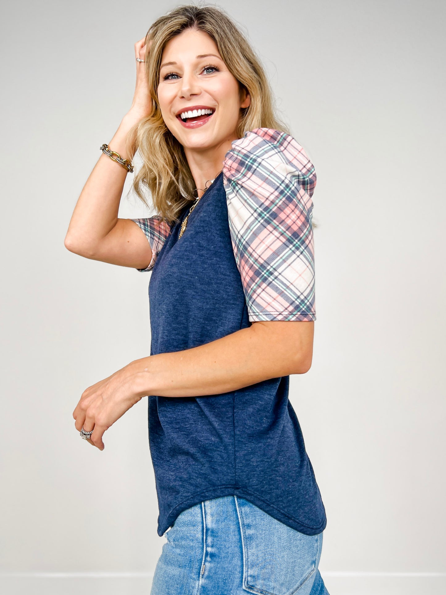Plaid Short Sleeve Top with Solid Contrast