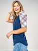 Plaid Short Sleeve Top with Solid Contrast