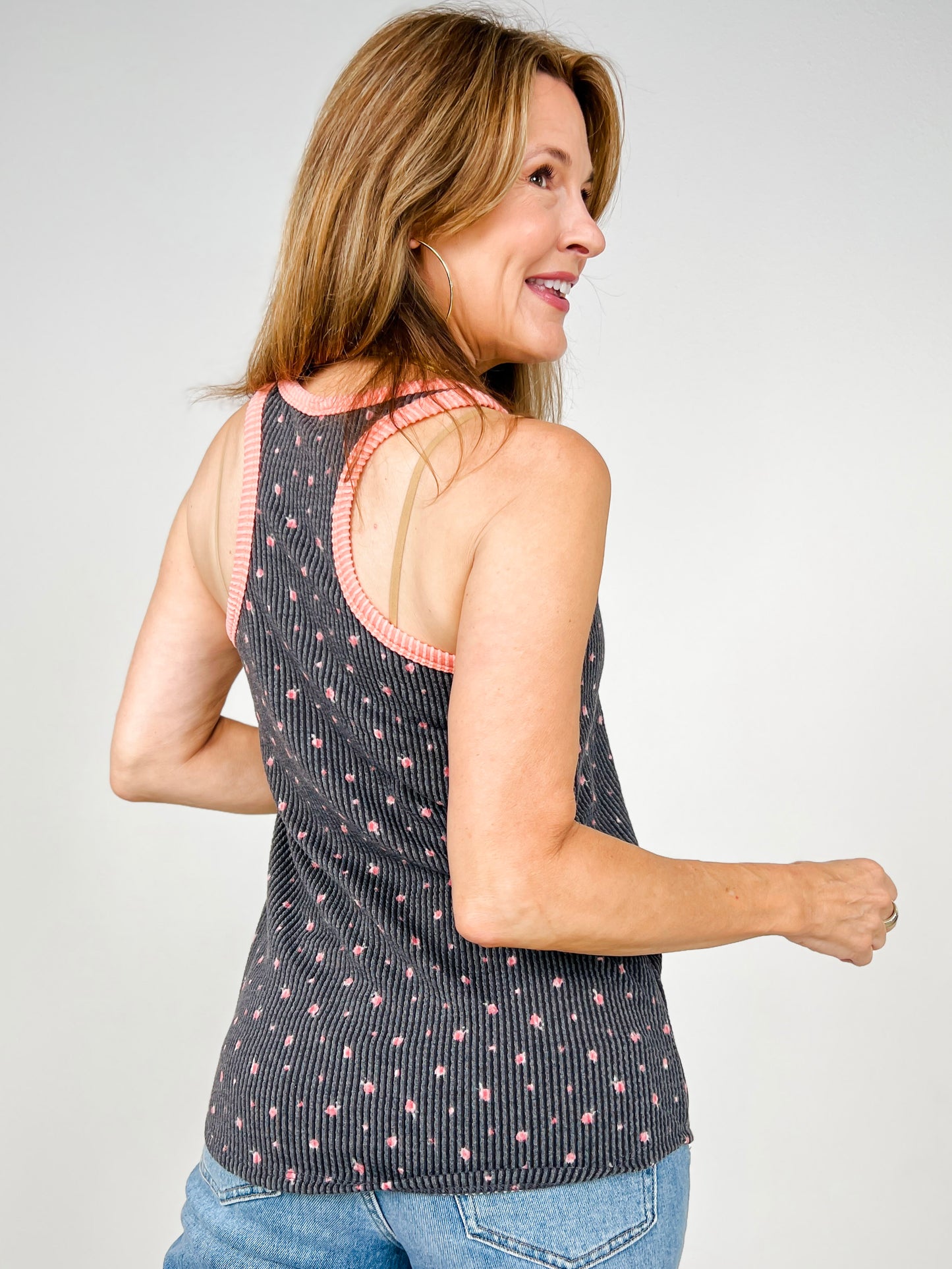 Floral Ribbed Contrast Tank Top