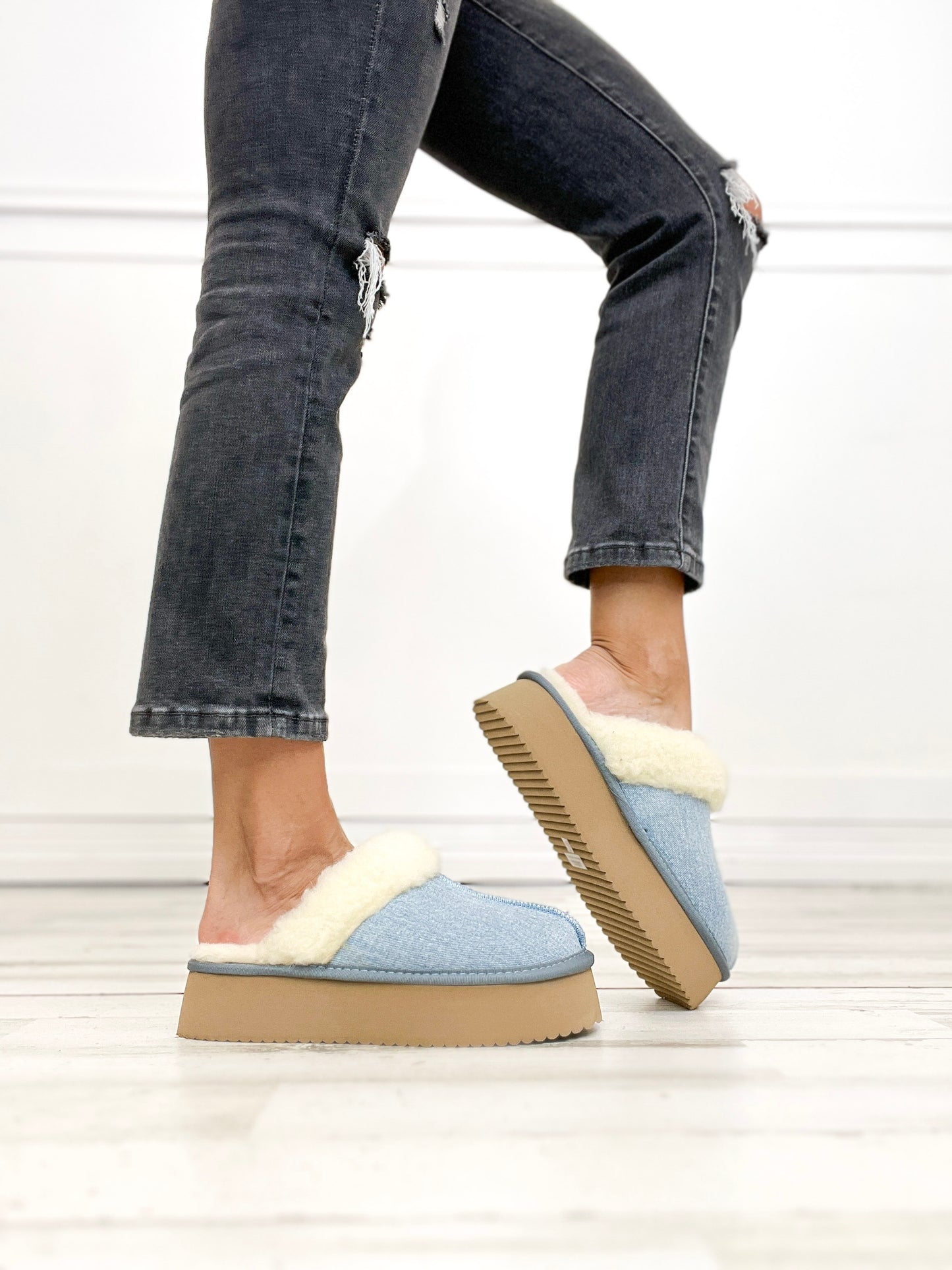 Corkys Cuddle Up Slipper Shoes in Light Blue Denim