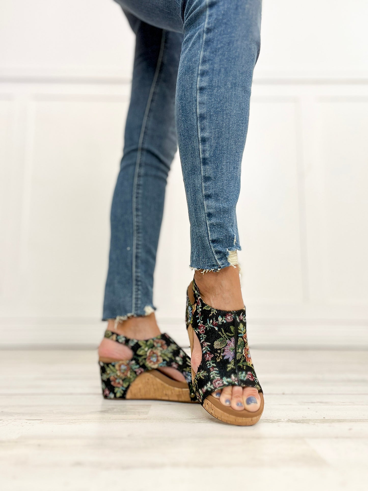 Corkys Carley BLACK BROCADE FLORAL Wedges