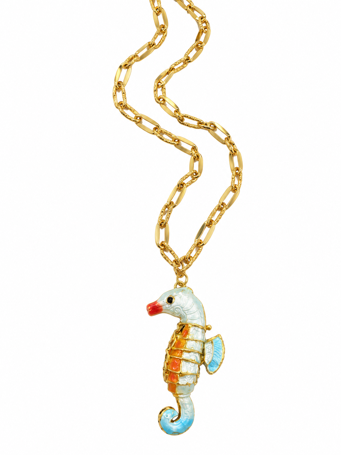 Vintage Chain Enamel Articulated Seahorse Necklace in White
