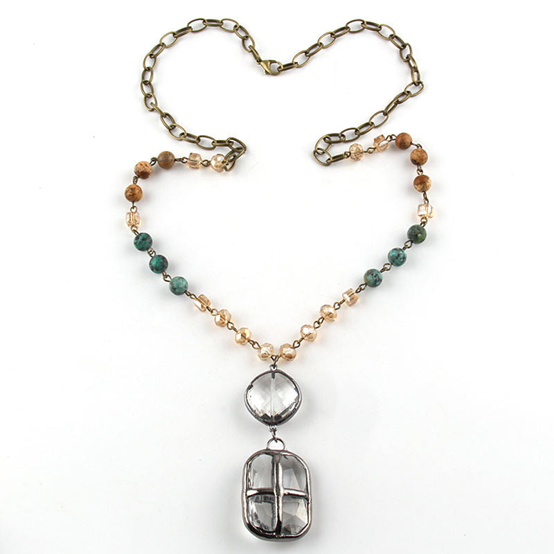 Mixed Bead Double Drop Pendant Necklace