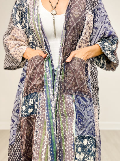 Washed Mix Media Open Front Pocket Cardigan