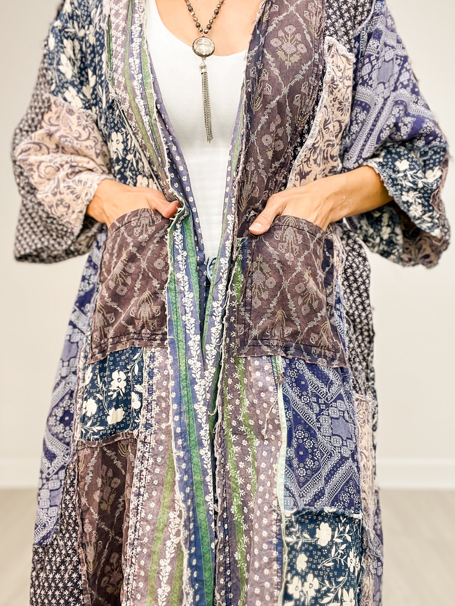 Washed Mix Media Open Front Pocket Cardigan